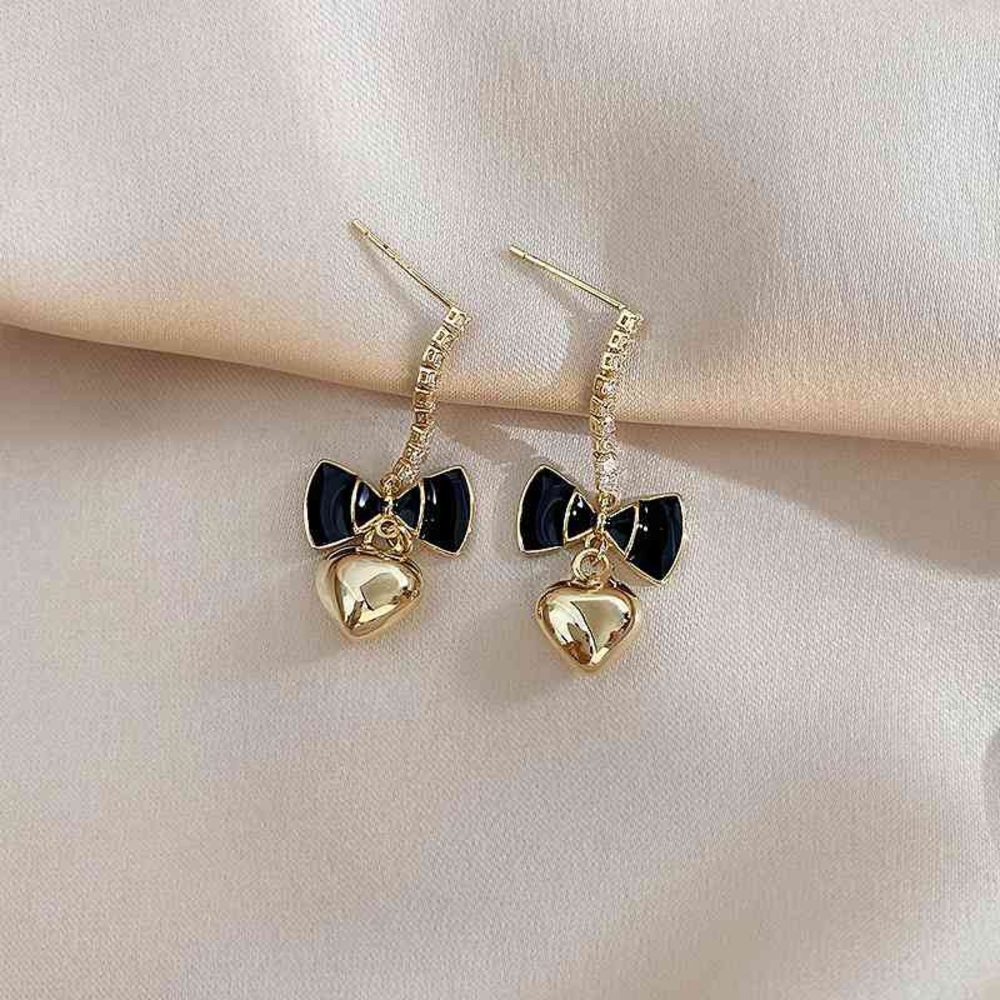 Gold Heart Drop Earrings with Black Bow Accent